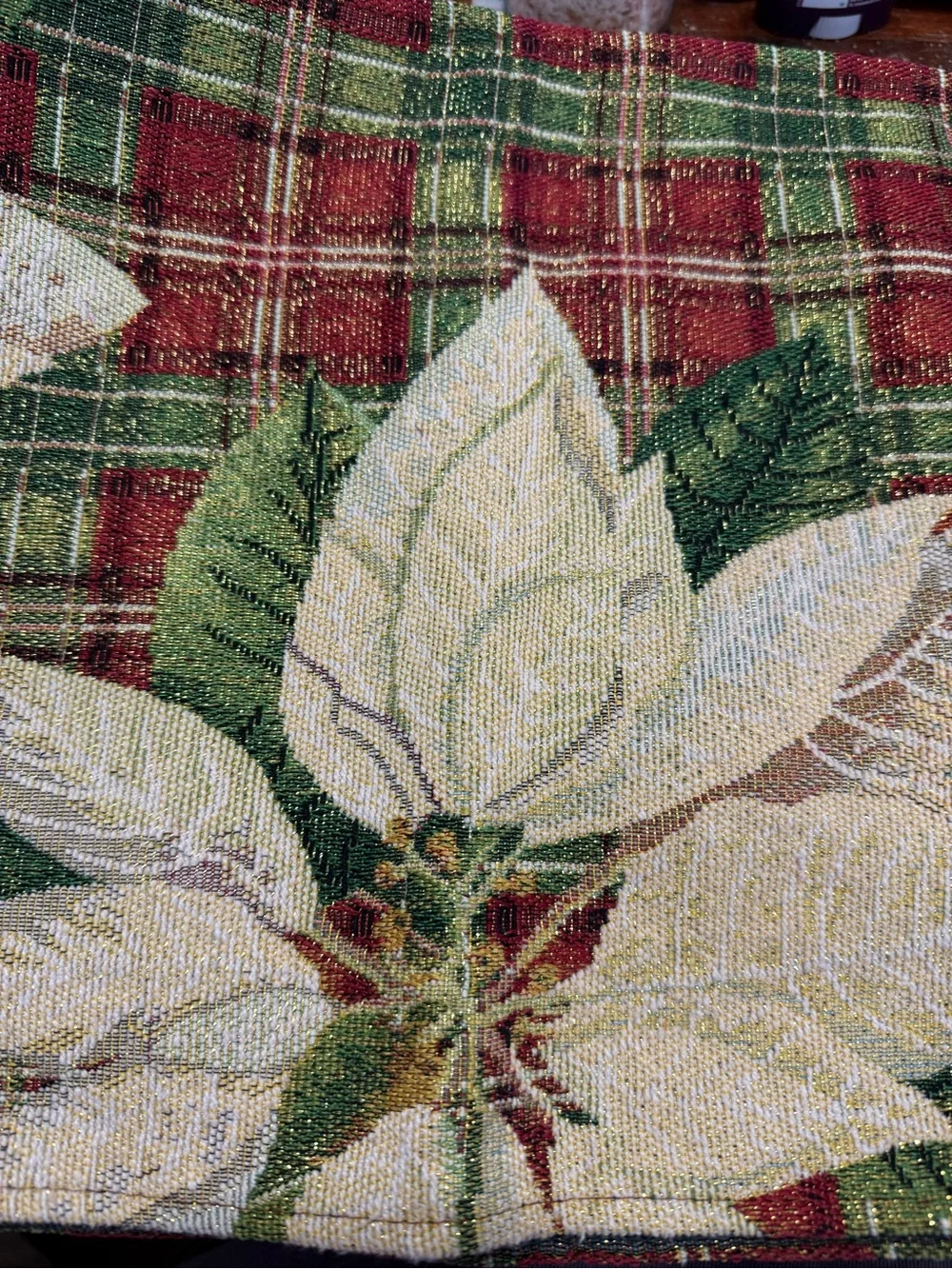 Holiday Poinsettia Plaid Tapestry Table Runner Gold Thread 13x68